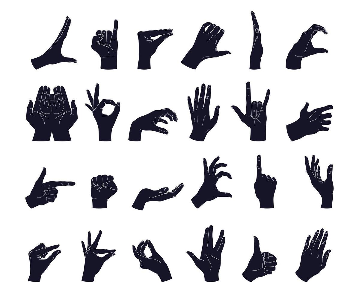 Set of different hand gestures silhouettes. Gesturing like okay sign, thumb up, pointing finger, making heart, holding hands. illustration vector