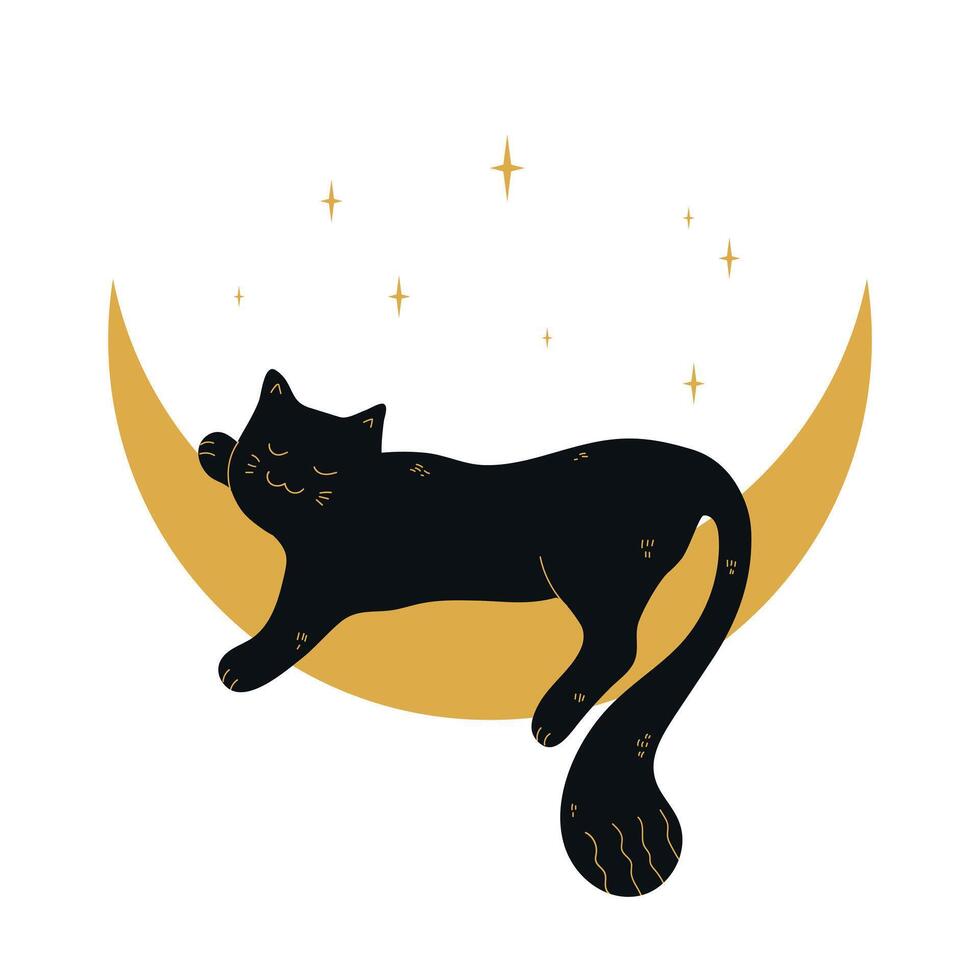 Cute black cat sleeping on a crescent. illustration vector