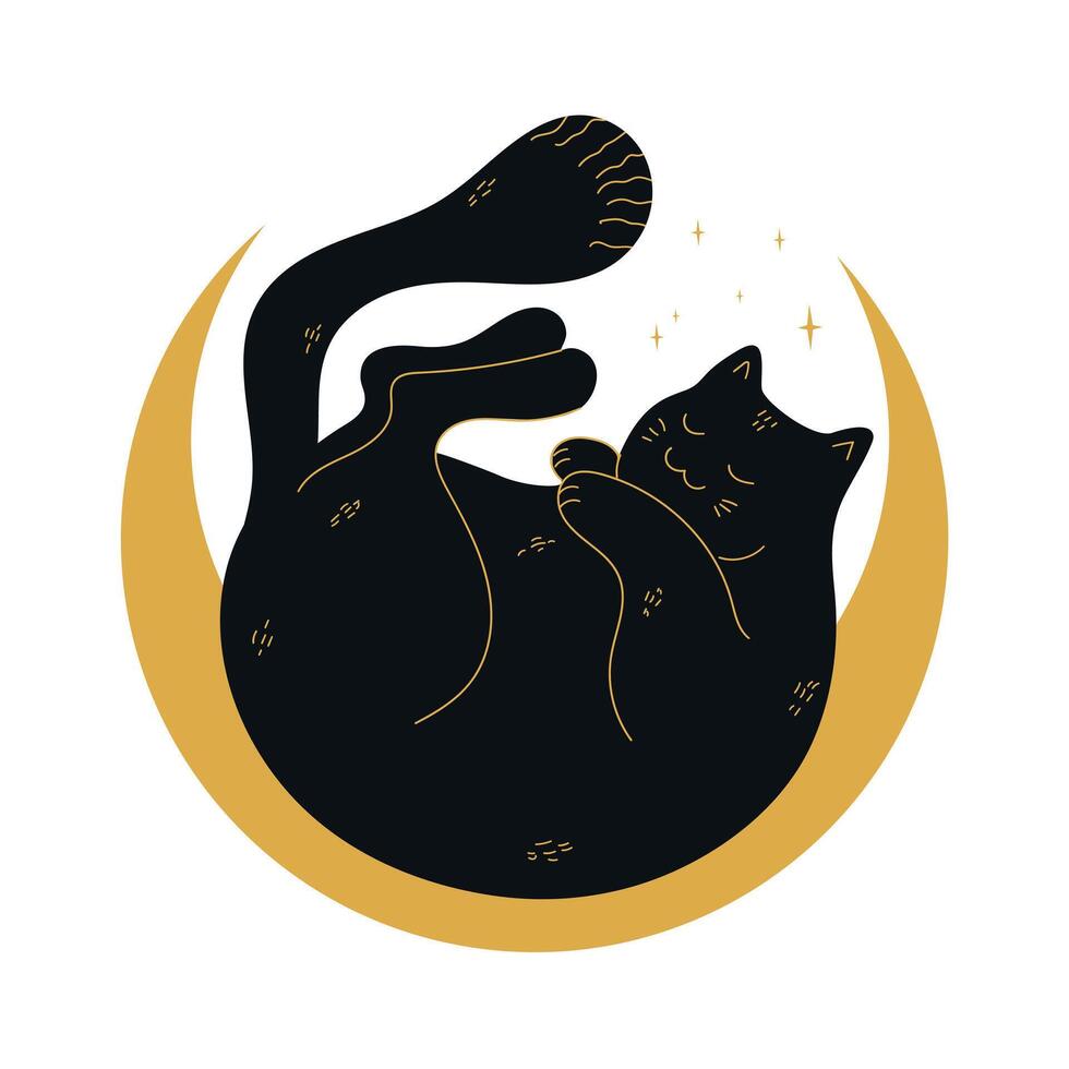 Fat black cat is lying on a crescent curled up. illustration vector