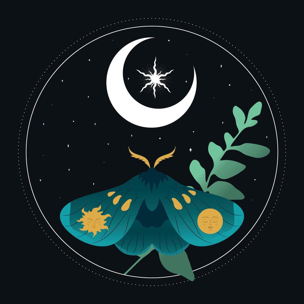 Celestial background with blue moth, star and crescent moon. illustration vector