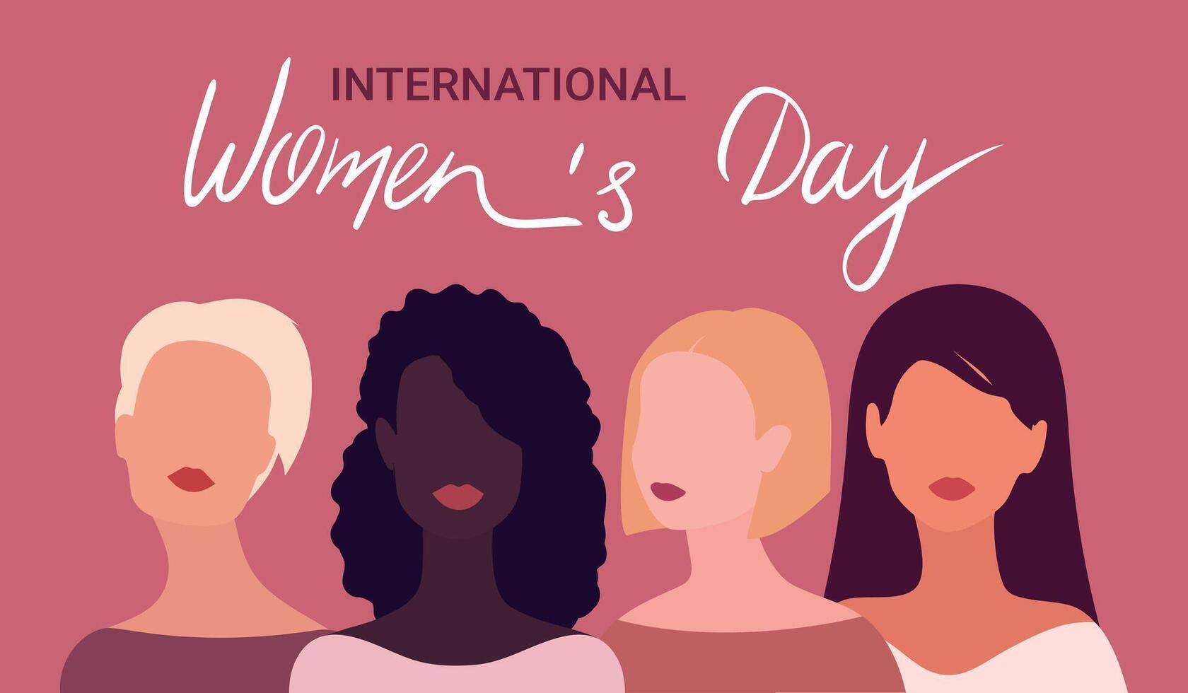 International Womens Day greeting card with four women of different nationalities standing next to each other. illustration vector