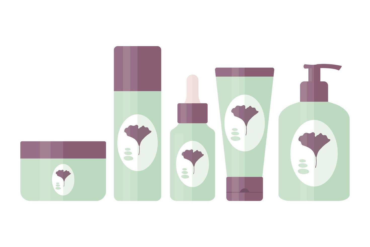 Set of cosmetic tools for daily beauty routine. Tubes and bottles for skin care and beauty with ginkgo biloba leaf logo. illustration vector