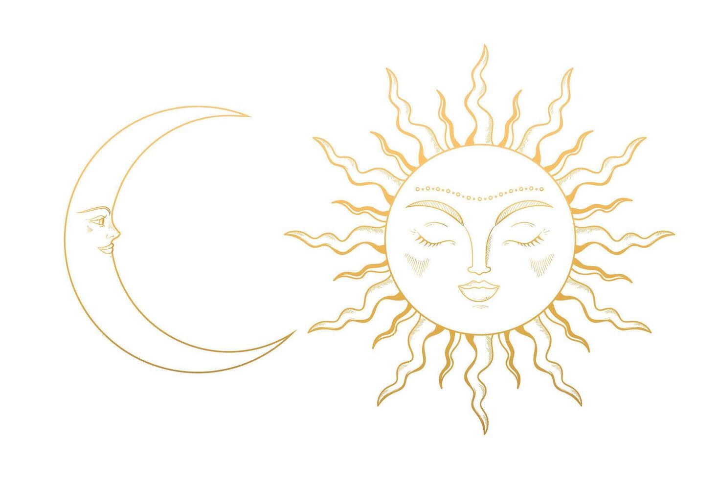 Moon Crescent and Sun. Gold celestial symbols. illustration vector