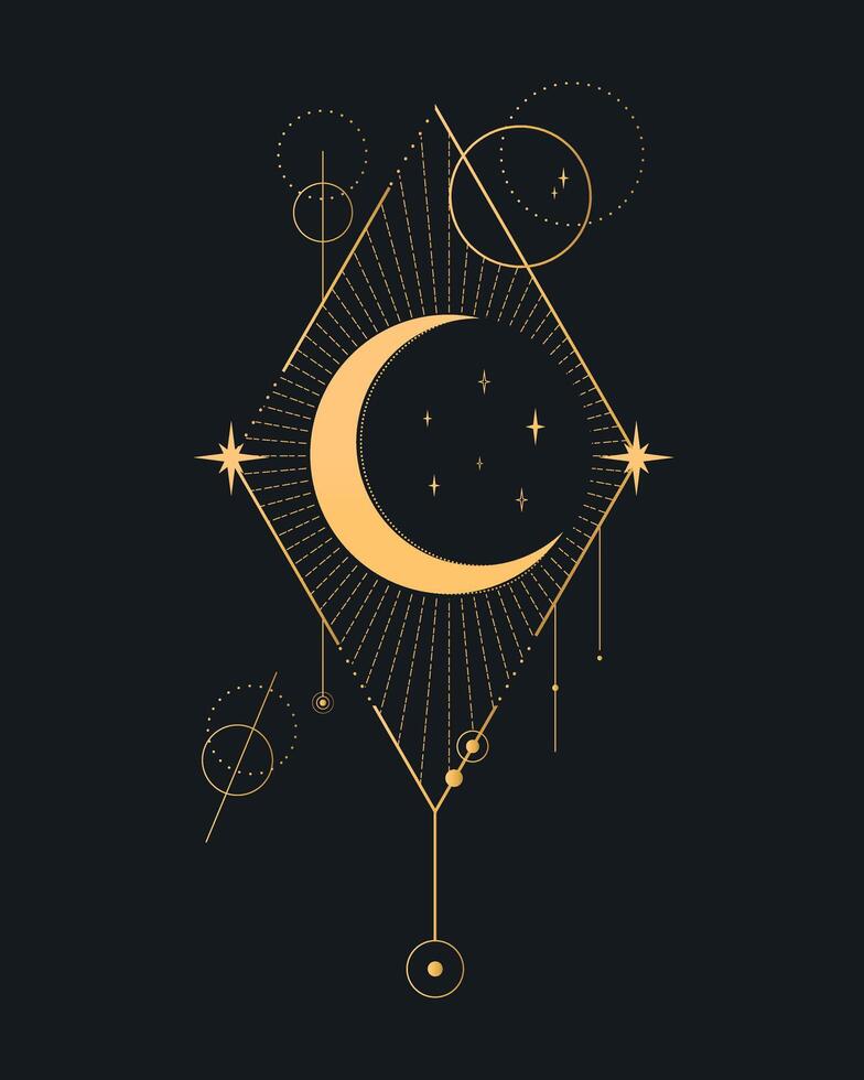 Abstract celestial emblem with a crescent, stars and geometric shapes. illustration vector