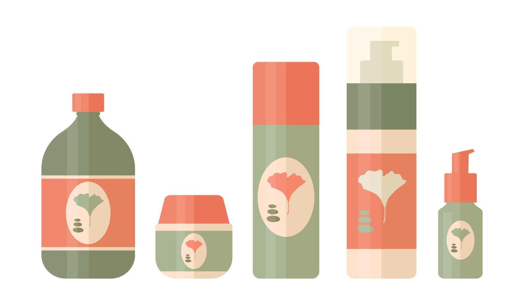 Set of cosmetic tools for daily beauty routine. Tubes and bottles for skin care and beauty with ginkgo biloba leaf logo design. illustration vector