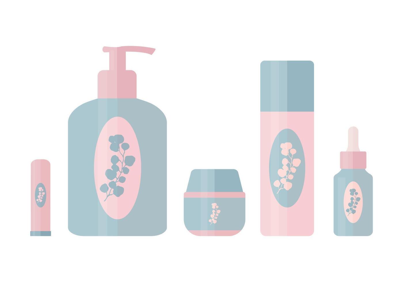 Set of cosmetic products for daily beauty routine. Tubes and bottles for skin care and beauty with plant branch logo. illustration vector