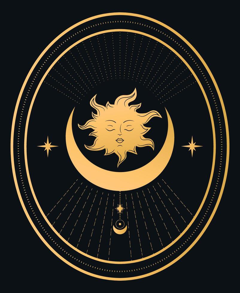Abstract celestial emblem with a golden sun, crescent and stars on black background. illustration vector