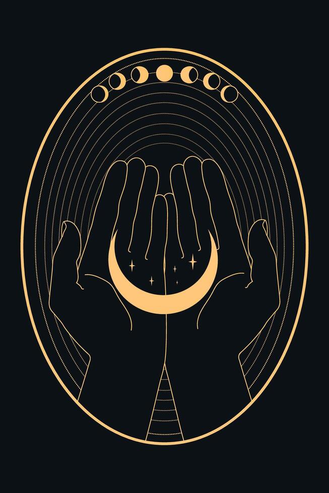 Abstract celestial emblem with human hands holding crescent and stars. illustration vector