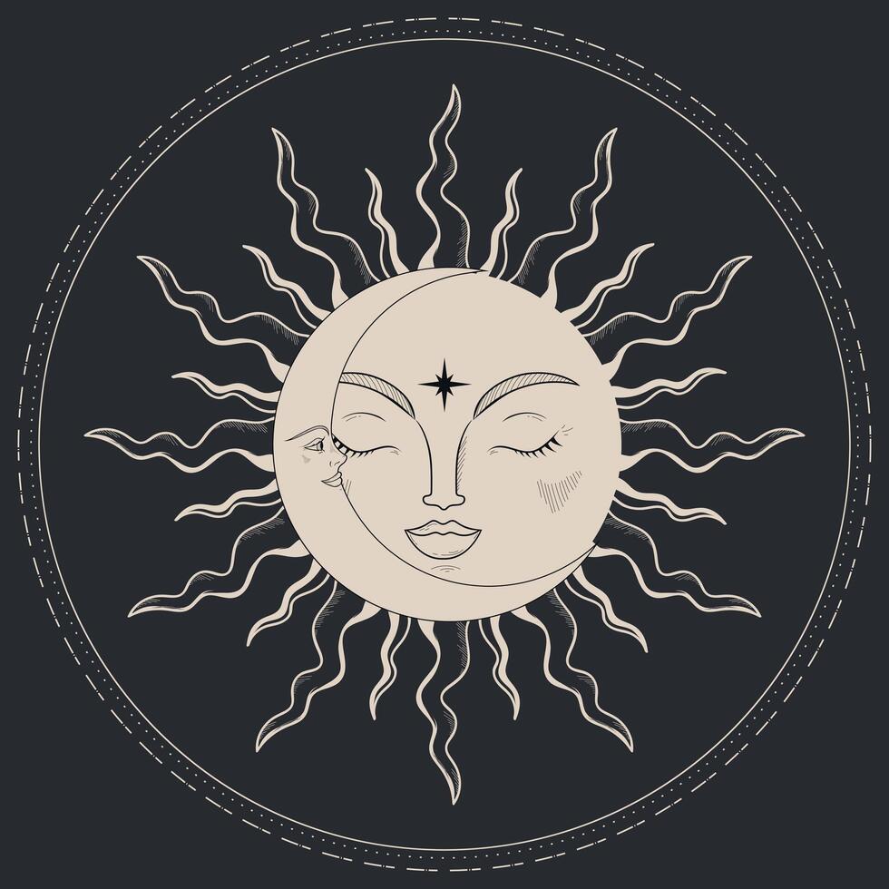 Celestial emblem with a sun and crescent. Monochrome magical illustration vector