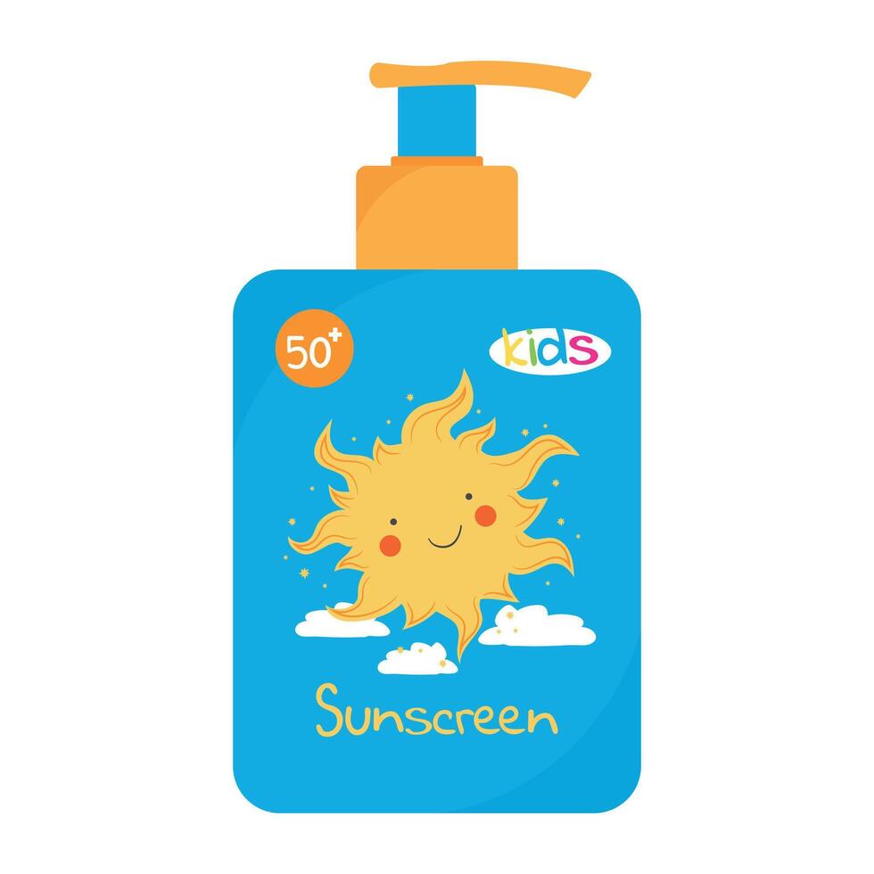 Pump bottle with a sunscreen cream or lotion for kids. Baby Sunscreen product design with a cute sun. SPF 50. illustration vector