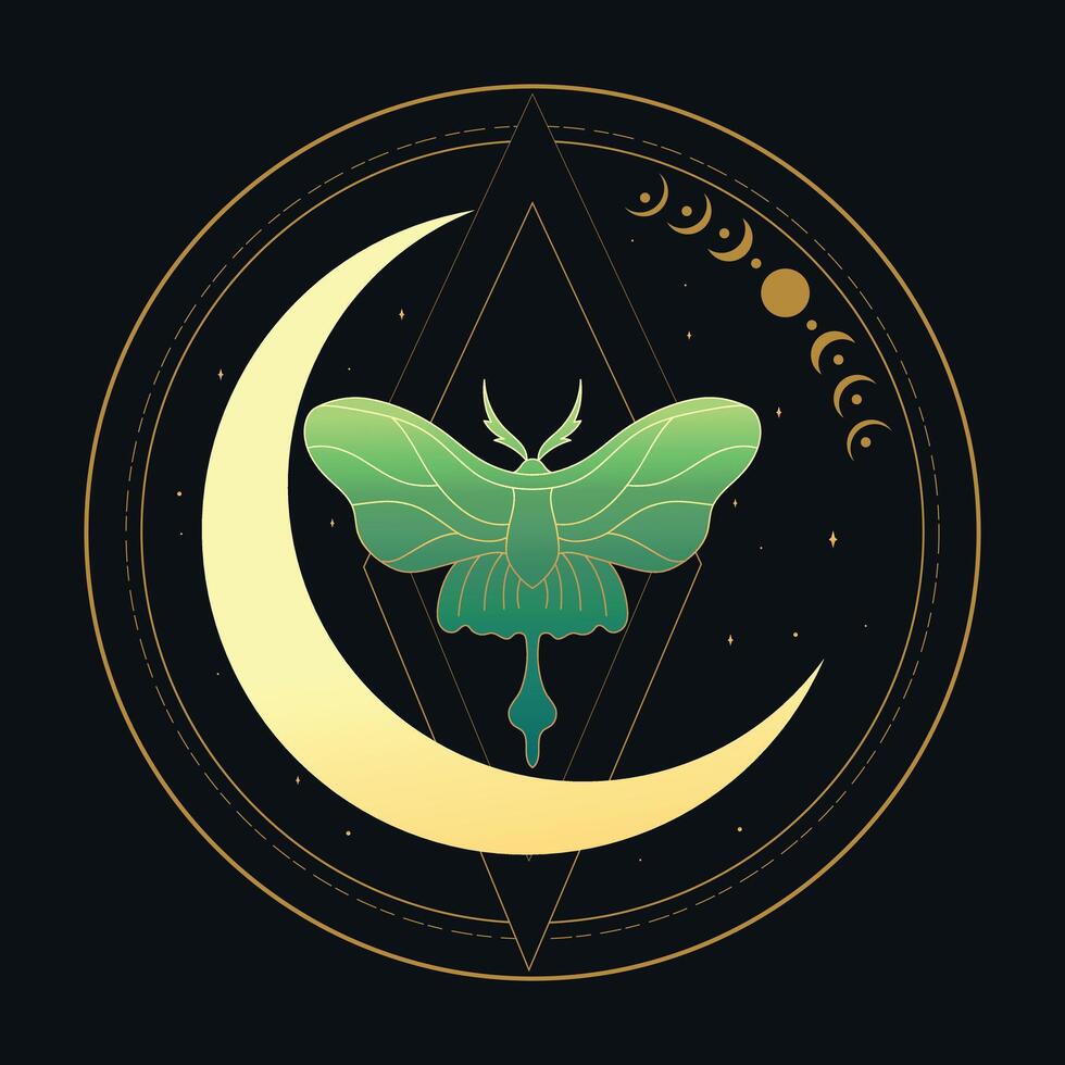 Celestial emblem with a gold and green butterfly, moon crescent and stars. Magical illustration. illustration vector