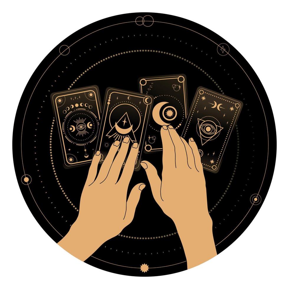 Fortune telling with Tarot symbolism. Woman hands and tarot cards. Mystery, astrology, esoteric vector