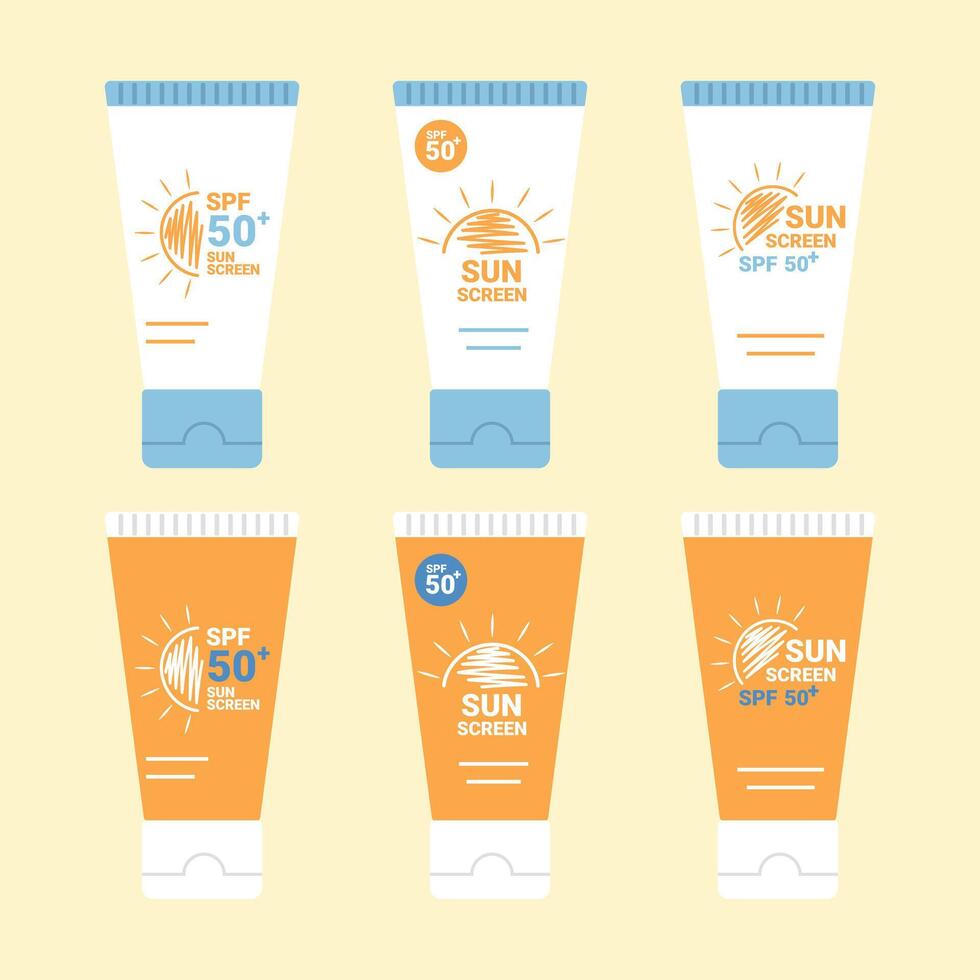 Tubes with sunscreen product. SPF summer skincare product design variations. SPF 50 cream or lotion. illustration vector