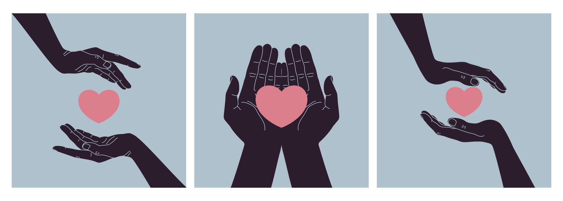Heart between human hands. Hands holding a heart. Symbolizing love, care and charity. illustration vector