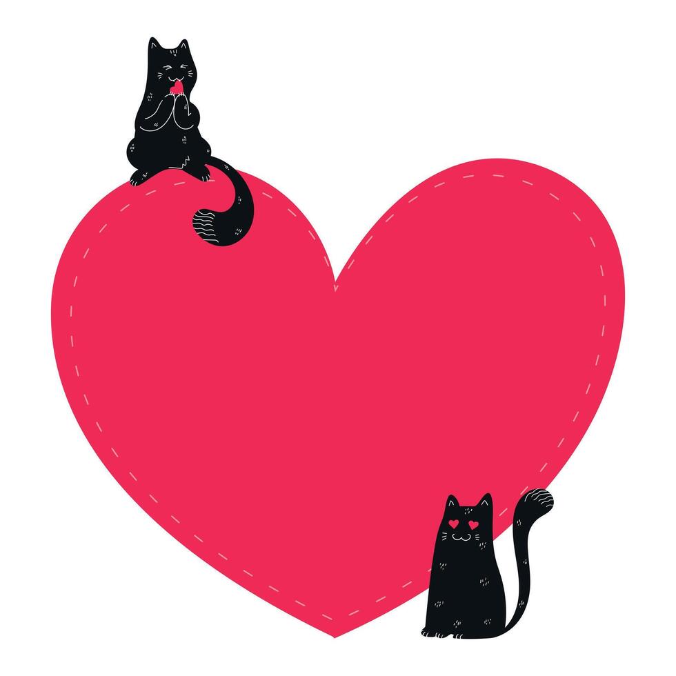 Heart template decorated with black cats. Valentines Day greeting card. illustration vector