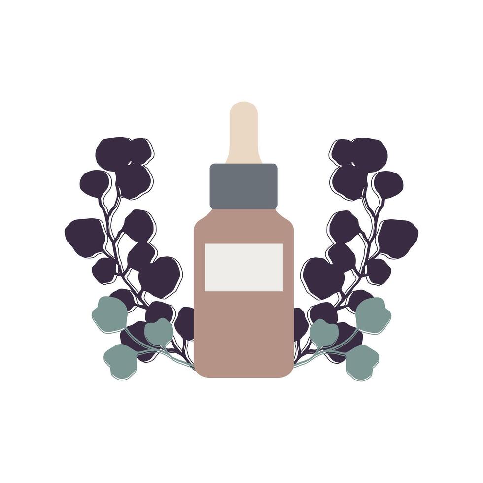 Cosmetic product icon. Abstract bottle with a face serum for beauty and skin care. Decorated with plants. illustration vector