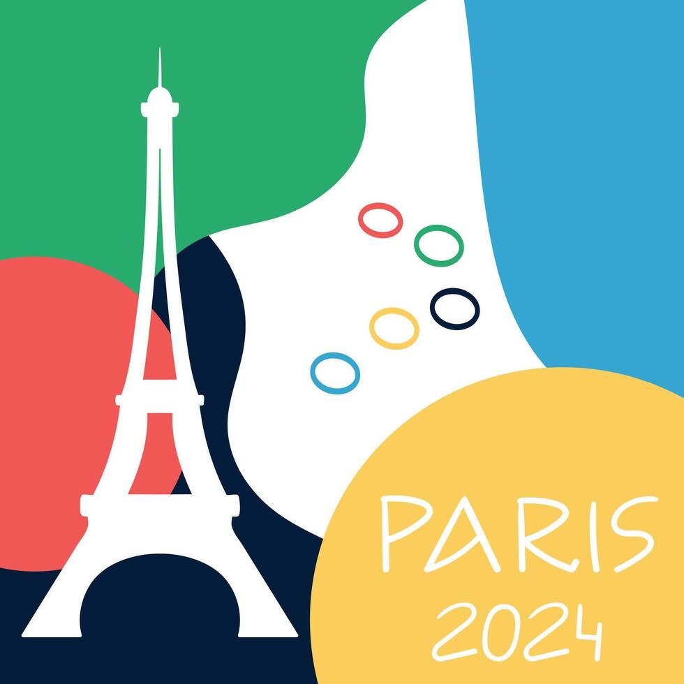 Paris 2024 Olympic sport games design. Colorful background with abstract shapes, rings and Eiffel tower silhouette. illustration vector