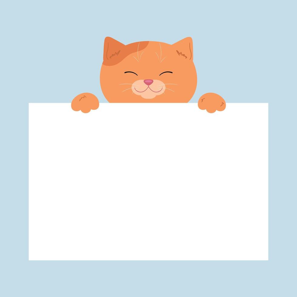Cartoon ginger cat holding a blank paper sheet. Cute template for text. illustration vector