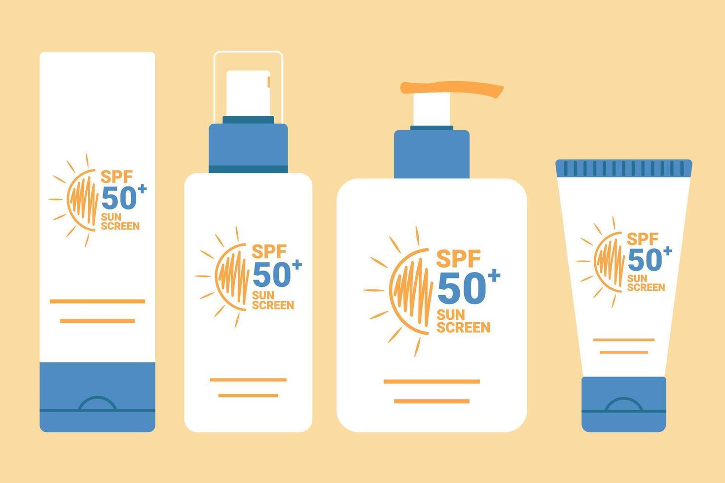 Set of sunscreen products. SPF summer skincare product design. SPF 50 cream, spray, lotion, milk. illustration vector