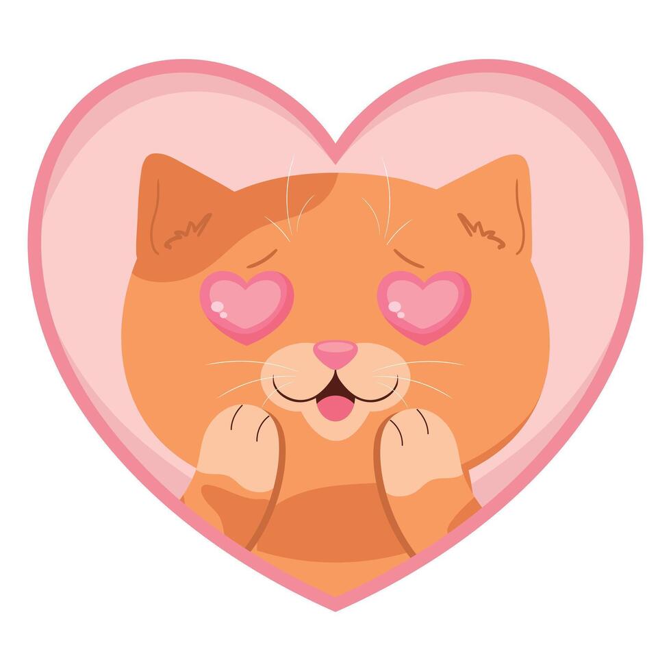 Cartoon ginger tabby cat with hearts in eyes. Cat in love in a heart shaped frame. illustration vector