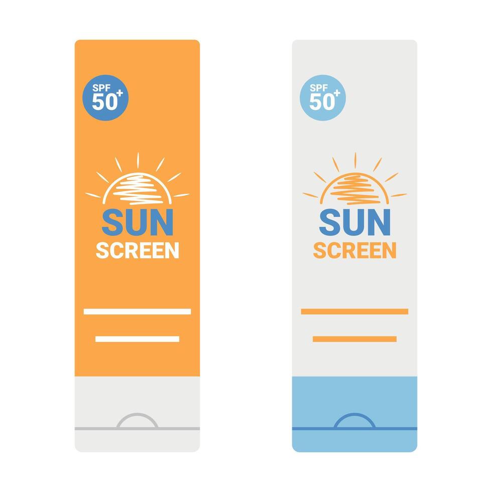 Sunscreen product in a bottle. SPF summer skincare product design variations. SPF 50 cream or lotion. illustration vector