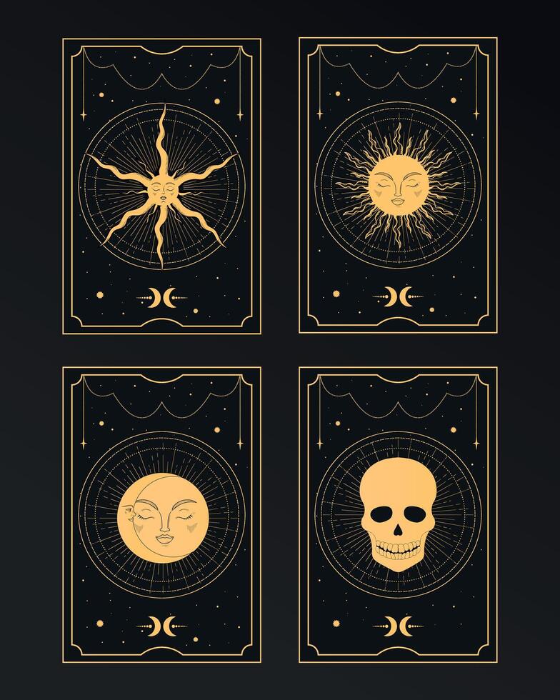 Set of Golden Tarot cards with magical Sun, Moon, Star and Death symbols. Mystery, astrology, esoteric. illustration vector