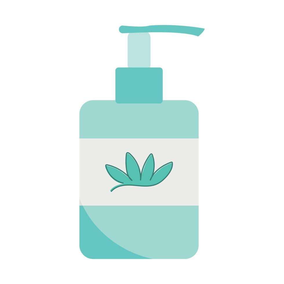 Plastic pump bottle for cosmetic products like cleansing or shower gel, shampoo, liquid soap, cream or lotion. Bottle with dispenser decorated with a green leaf. illustration vector