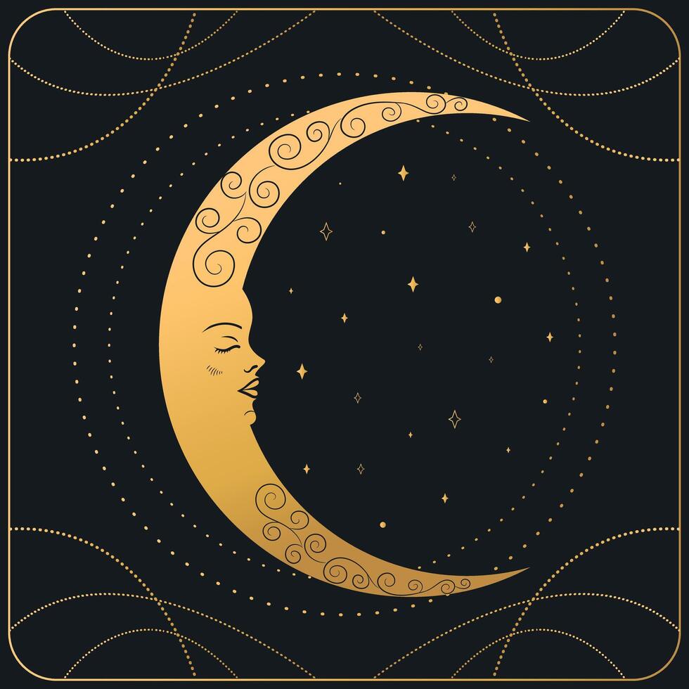 Moon crescent. Gold celestial background. illustration vector