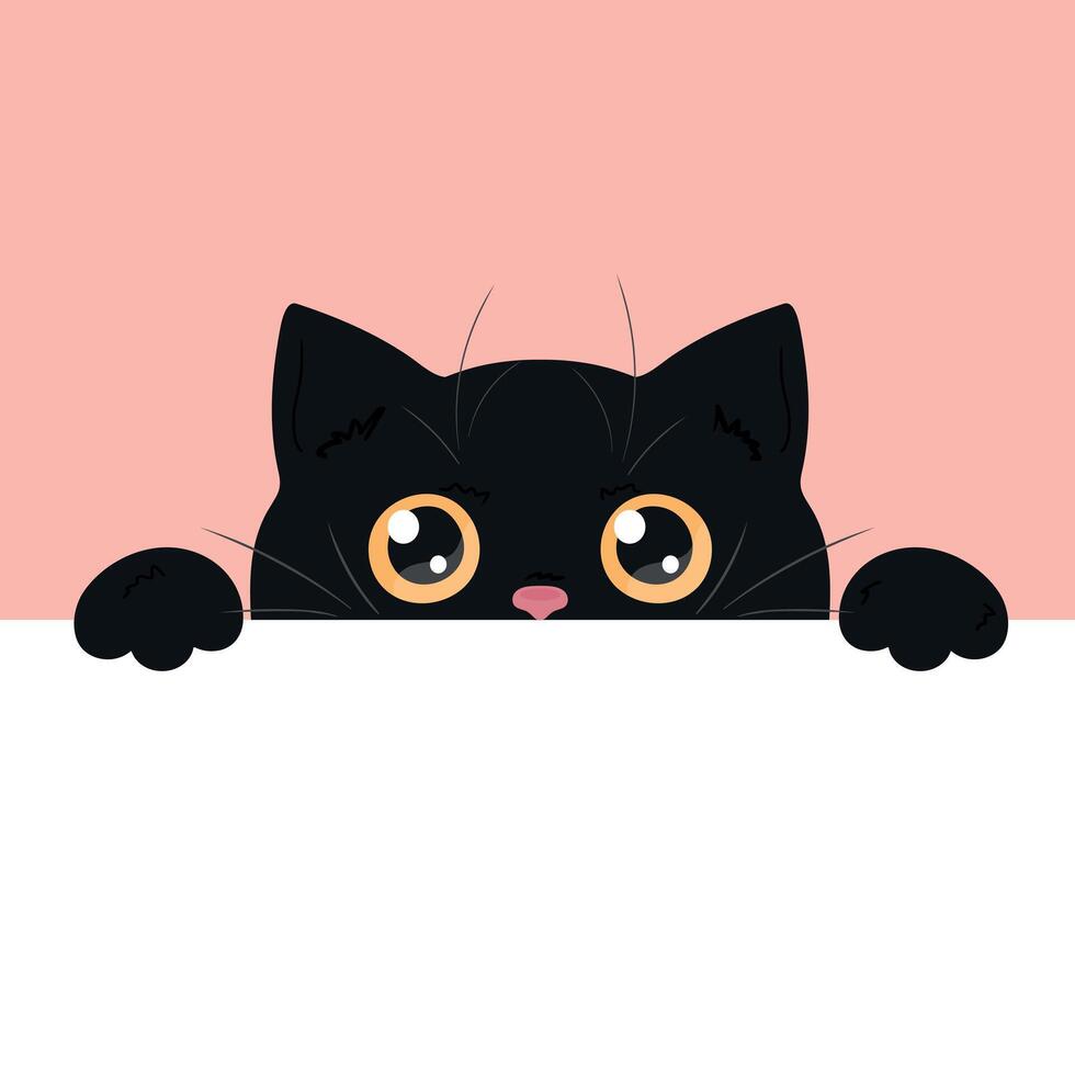 Cute black peeking cat. Curious cat with big yellow eyes is looking out of the table. Empty space for text. illustration vector