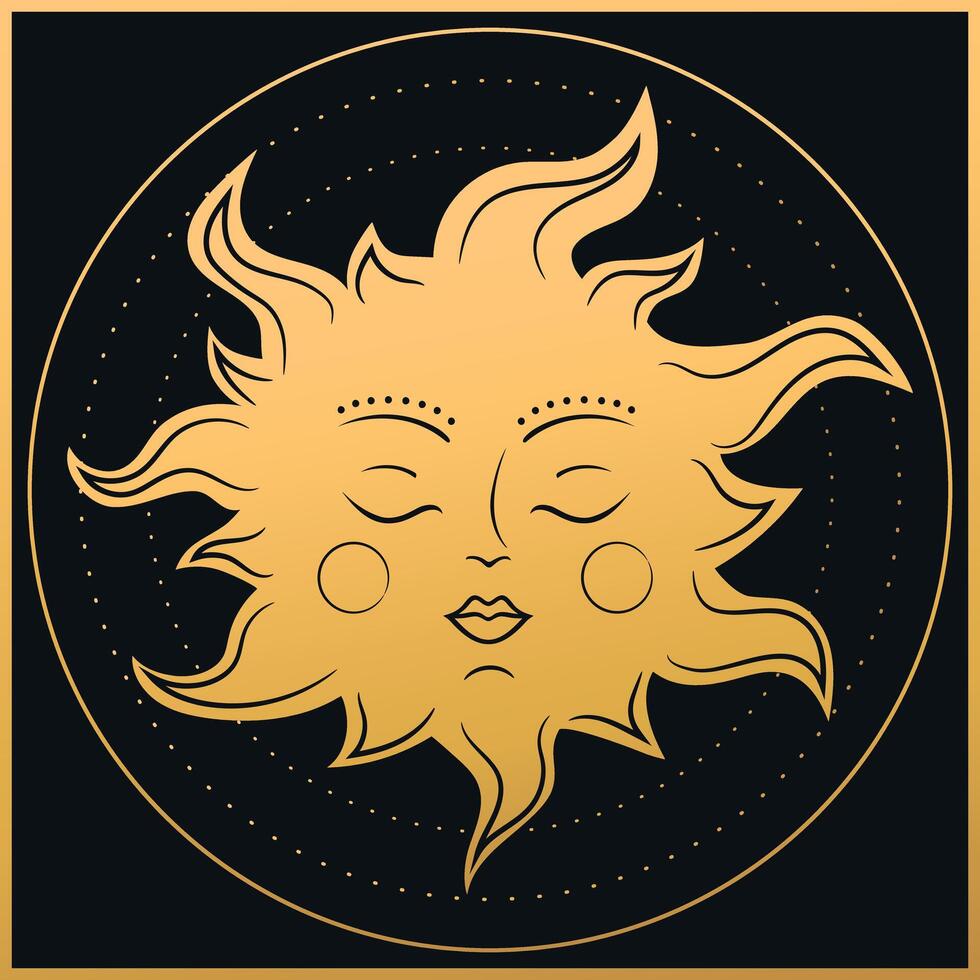 Sun symbol in magical circle. Gold celestial background. illustration vector
