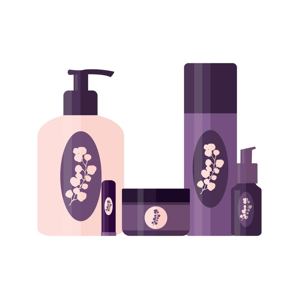 Set of cosmetic products for daily beauty routine. Tubes and bottles for skin care and beauty with logo design. illustration vector