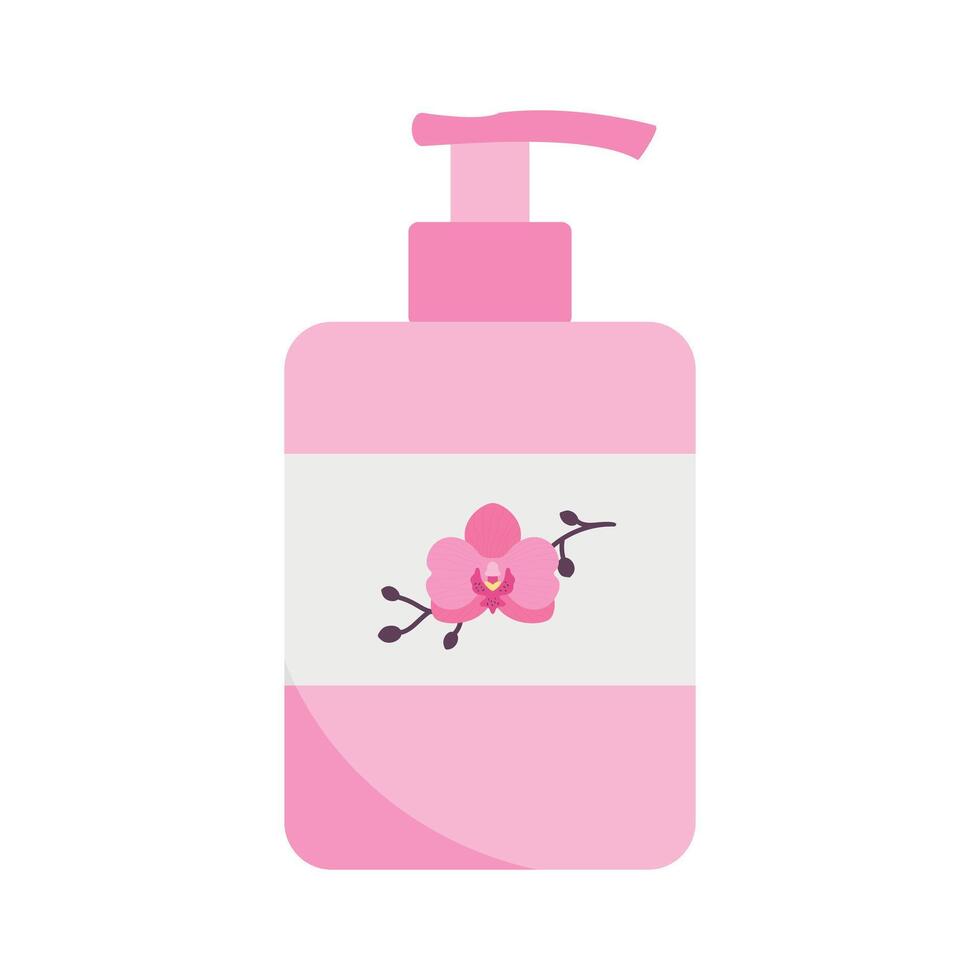Plastic pump bottle for cosmetic products like cleansing or shower gel, shampoo, liquid soap, cream or lotion. Bottle with dispenser decorated with an orchid. illustration vector