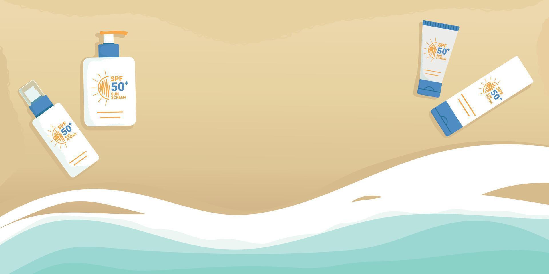 Sunblock sunscreen products summer beach banner. SPF summer skincare products on a sand and wave background. SPF 50 cream, spray, lotion, milk. illustration vector