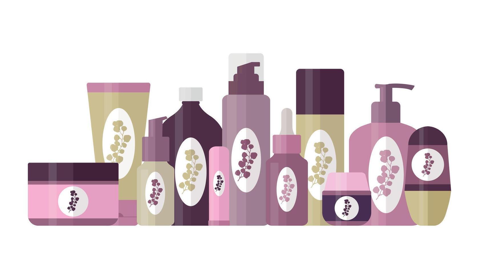 Set of cosmetic tools for daily beauty routine. Tubes and bottles for skin care and beauty with logo design. illustration vector