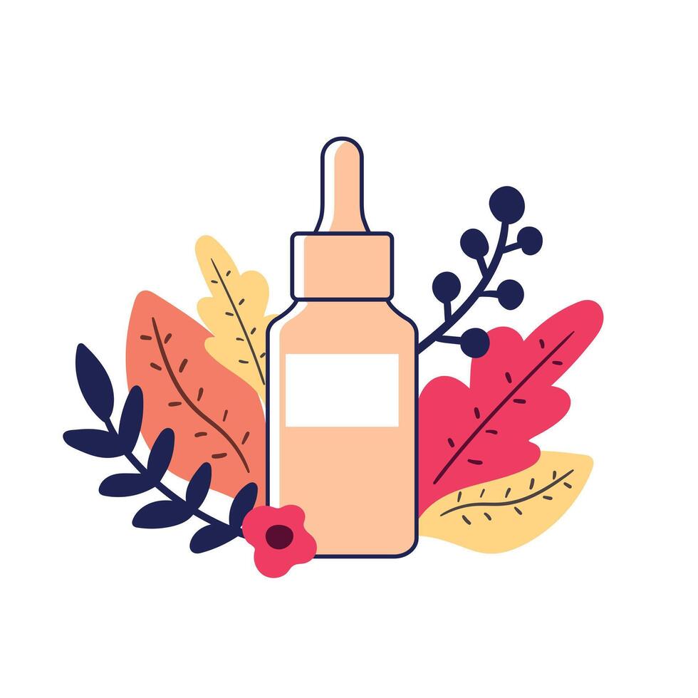 Cosmetic product flat icon. Abstract bottle or jar with a face serum for beauty and skin care. Decorated with flowers and leaves. illustration vector