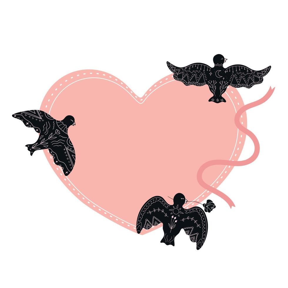Heart template decorated with black hand drawn dove silhouettes drawing in boho style. Heart with blank space decorated black birds with white ornament and floral arrangement. illustration vector