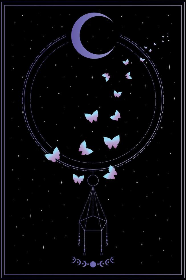 Celestial background with purple butterflies, stars and crescent moon. illustration vector