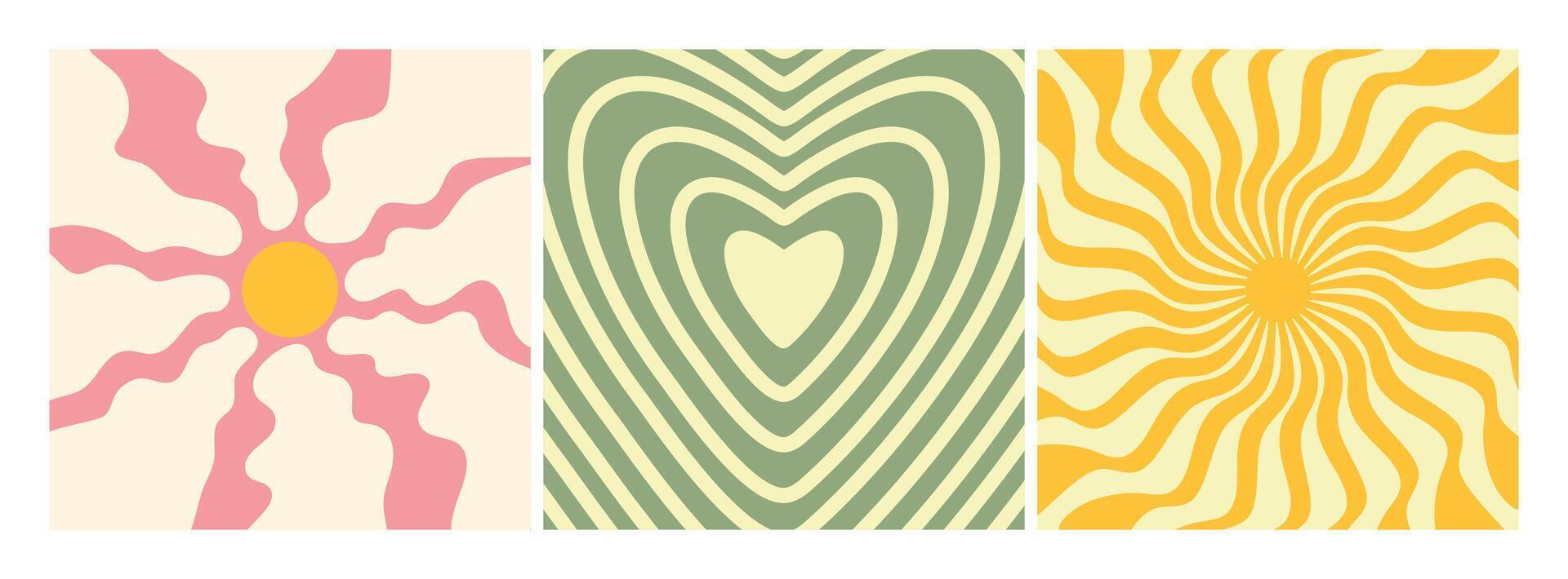 Groovy retro backgrounds. Sun with rays, heart and flower. Hippie 60s, 70s style. illustration vector