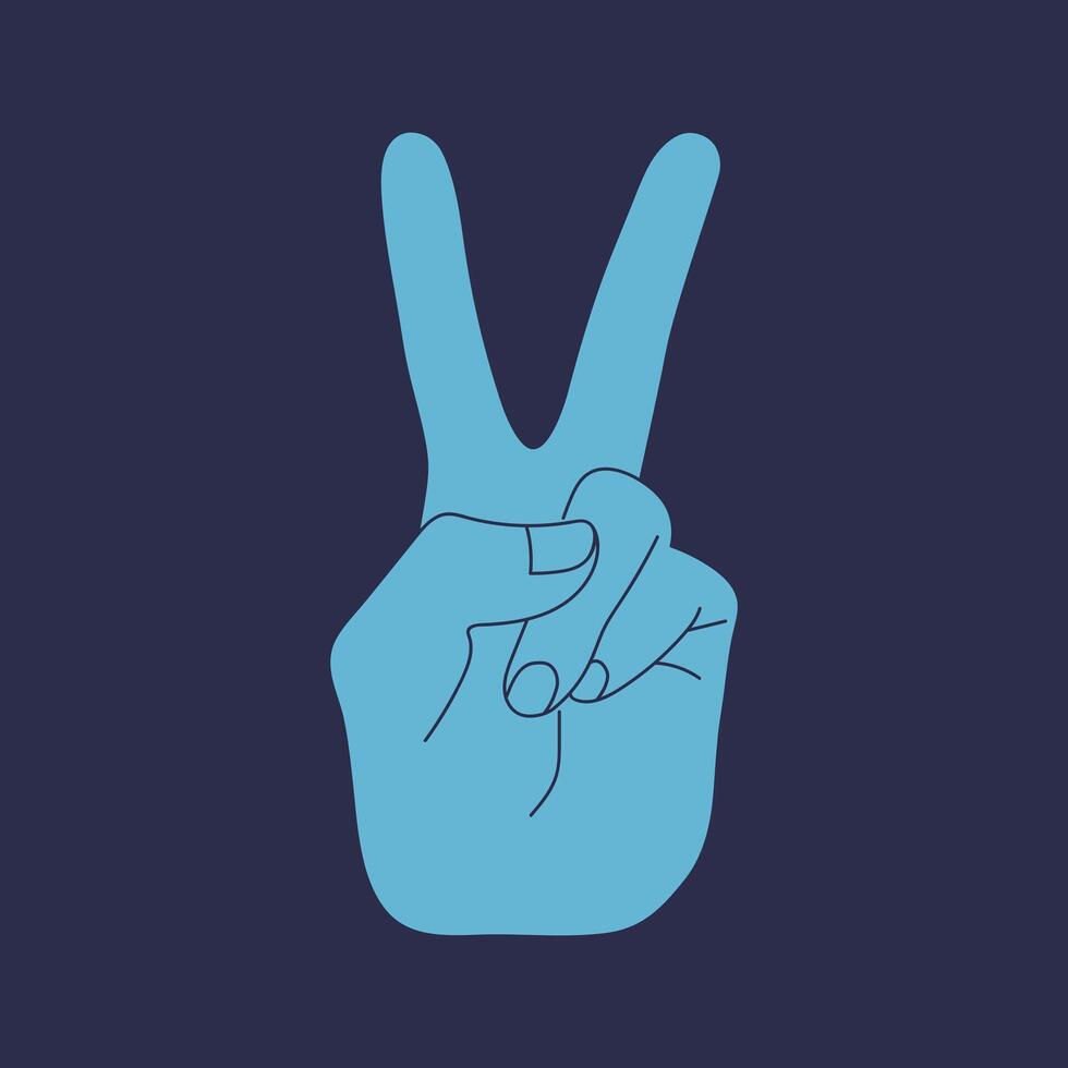 Human hand with a gesture V sign for victory or peace isolated blue background. illustration vector