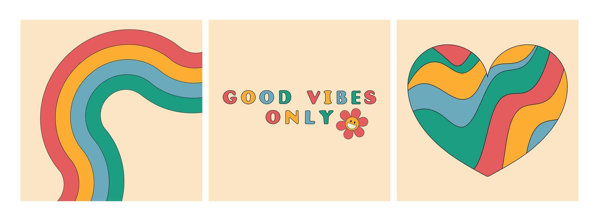 Good vibes only slogan groovy backgrounds set. Wavy heart. Bright rainbow. 70 s Hippie retro style. illustration vector