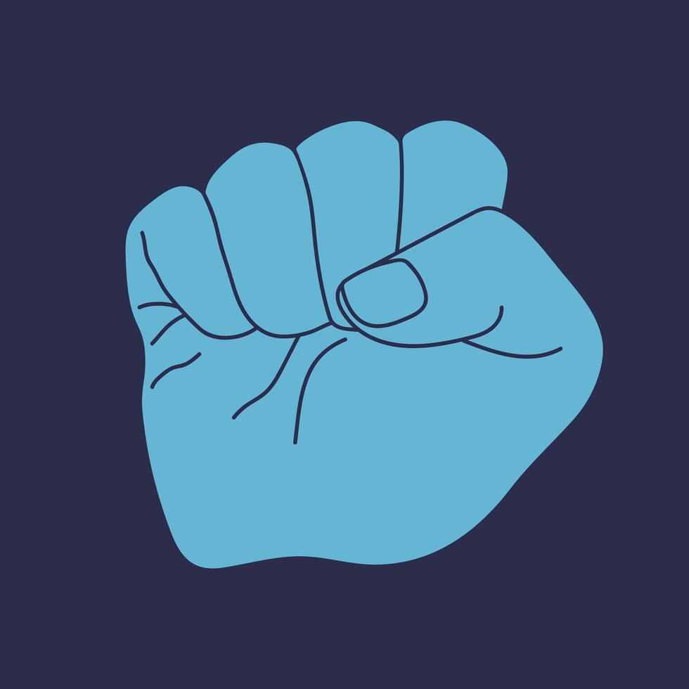Raised fist isolated on a blue background. Power and strength symbol. Hand gesture. illustration vector