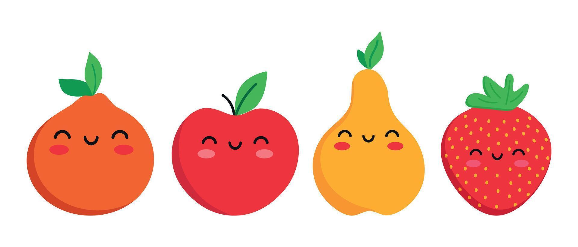 Cute cartoon smiling fruit characters. Childish style. Fruit icons. illustration vector