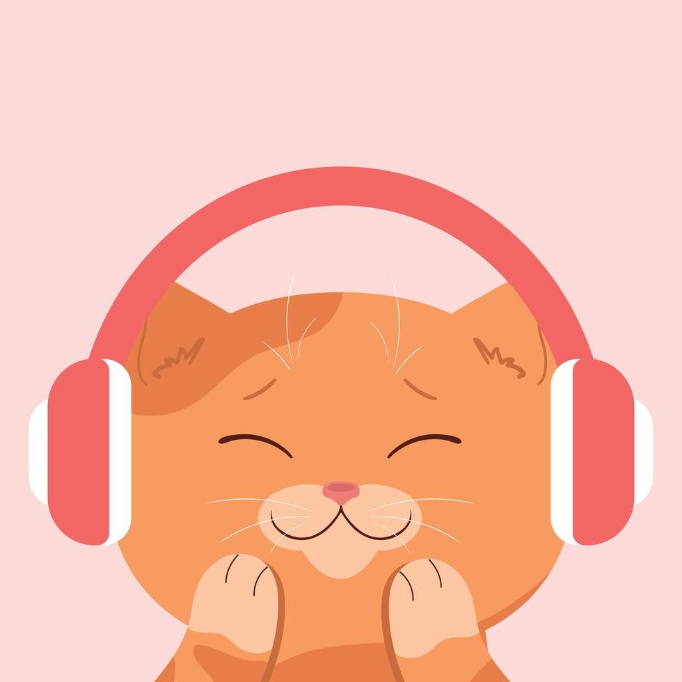 Cute red tabby cat in headphones. Cat listening to music with closed eyes. Cute cartoon character. illustration vector