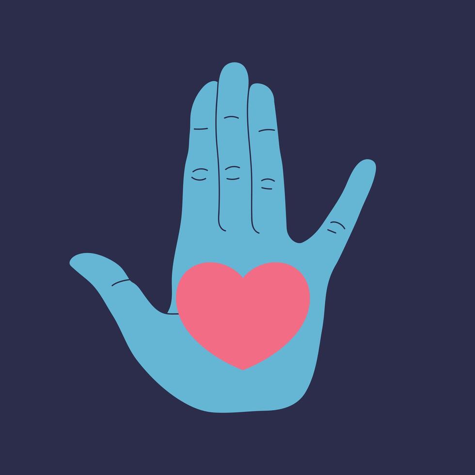 Heart on open palm sign. Hand drawn hand holding heart. illustration vector