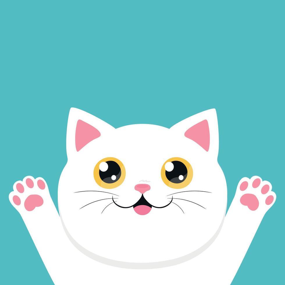 Happy white peeking cat. Curious cat. Cute cartoon character. illustration vector