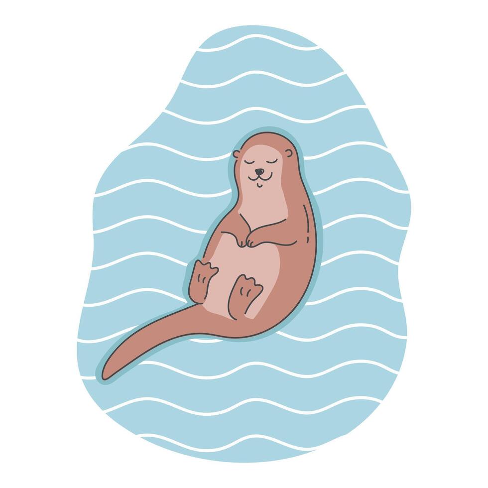 Hand drawn cute otter sleeping on water. Cartoon sleepy otter character. illustration vector