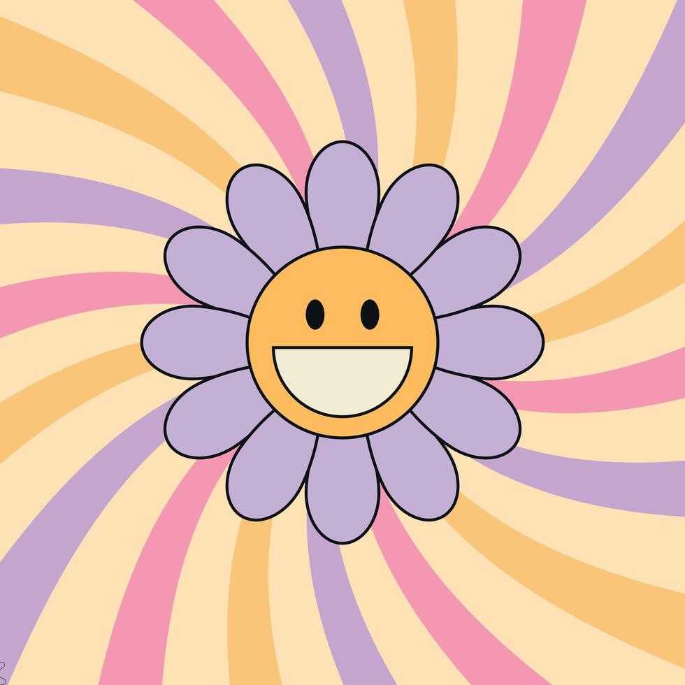 Groovy background with smiling daisy flower and swirl sunburst rays. 70 s Hippie retro style. illustration vector