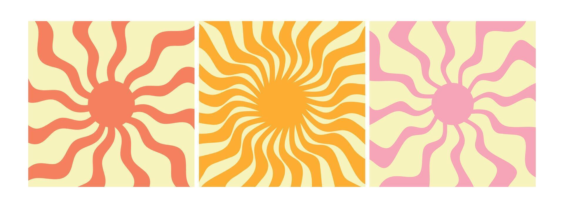 Groovy retro sunburst set. Groovy sun with twisted and distorted rays. Hippie 60s, 70s style. illustration vector