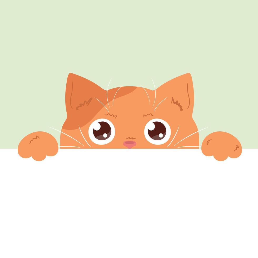 Cute peeking ginger cat. Curious cat is looking out of the table. Empty space for text. illustration vector