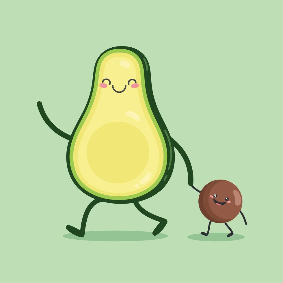 Cute cartoon character Avocado lead the baby seed by the hand. Flat style. illustration vector